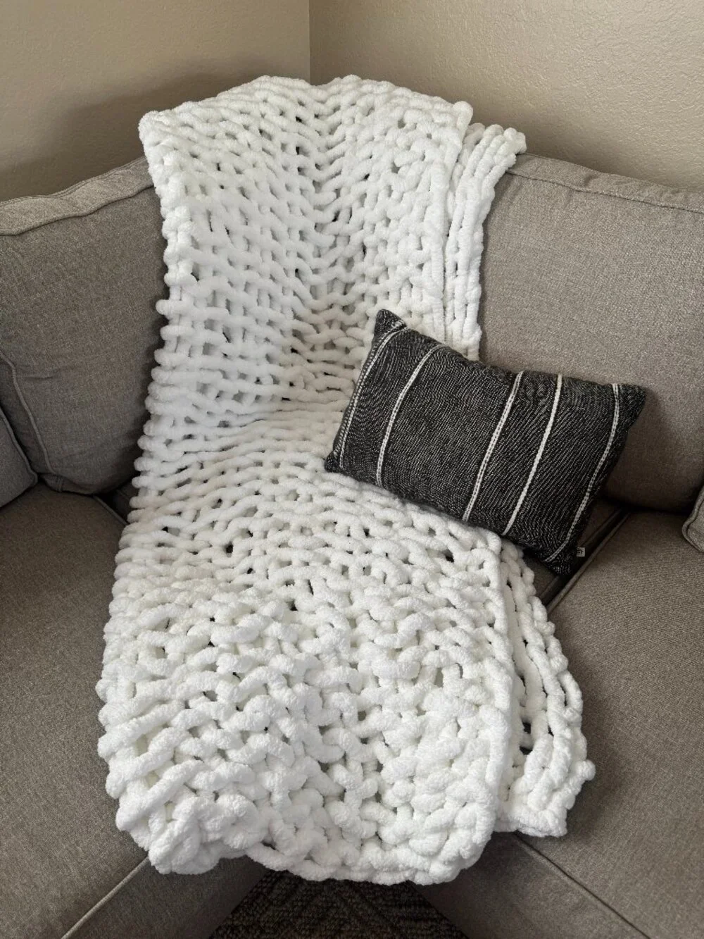 Handmade White Chunky Knit Throw Blanket Chenille Open Weave - Cozy Couch Decor